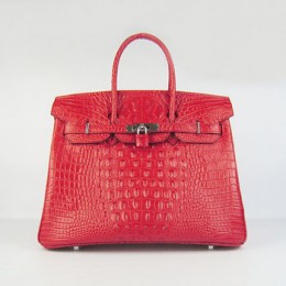 Hermes Birkin 35Cm Crocodile Head Stripe Handbags Red Silver